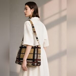 Wolf & Willa Artsy Khaki Plaid Tote Shoulder Bag Purse NWT